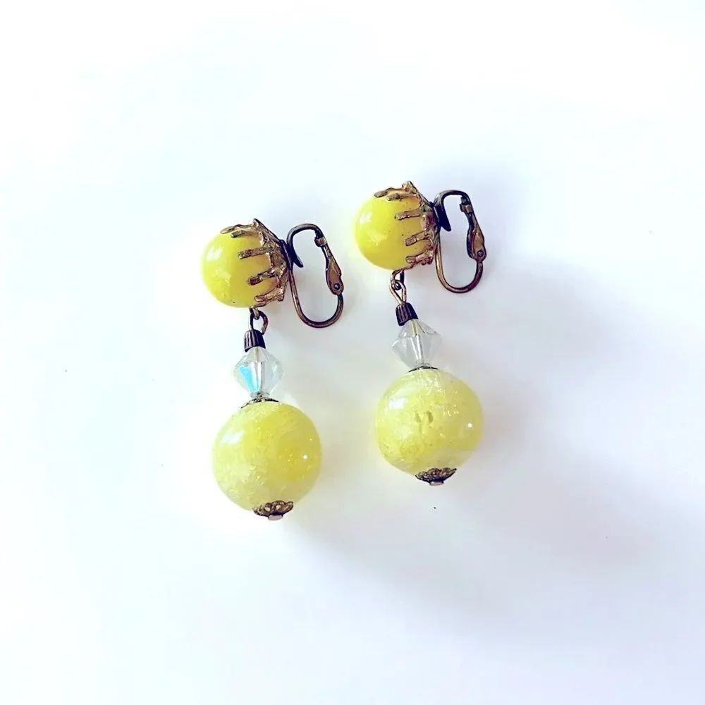 Vintage Yellow Lucite Drop Bead Clip Earrings